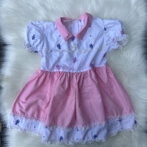 Vintage Toddler Dress - Pink, Blue and White with Embroidered Birds